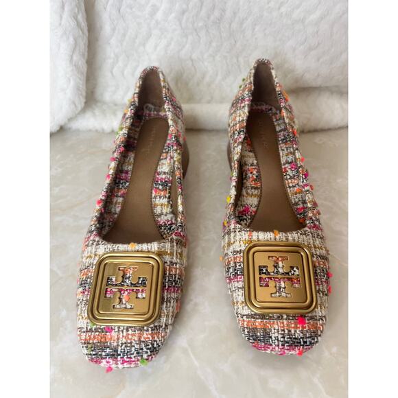 Tory Burch Pink Cream Gold Tweed Wooden Block Heel Georgia Pump Womens 7 US - Picture 10 of 14